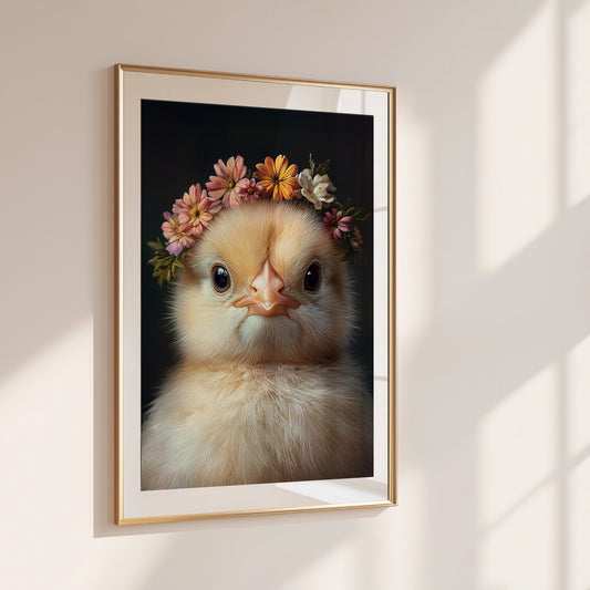 Adorable baby chick with flower crown – high-resolution printable wall art for Easter, spring or farm-themed nursery decor. This digital artwork comes in multiple sizes and adds warmth, softness and seasonal charm to any room. A sweet and gentle Dezinbazar design, ideal as a gift for newborns, animal lovers or parents-to-be. Instant download, ready to print at home or professionally.