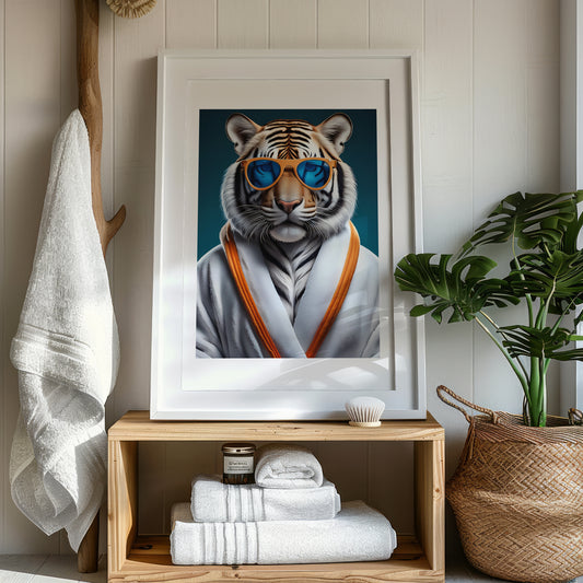 Poster of a cool white tiger in a bathrobe – perfect for decorating bathrooms, yoga corners or meditation rooms. Printed on premium FSC-certified semi-glossy paper in DIN A4–A0 or 50×70 cm. This wellness-inspired animal print adds humor and calm energy to your space. Fits IKEA frames. A mindful gift for wellness lovers. Be proud. Be kind. Be wild – by Dezinbazar.