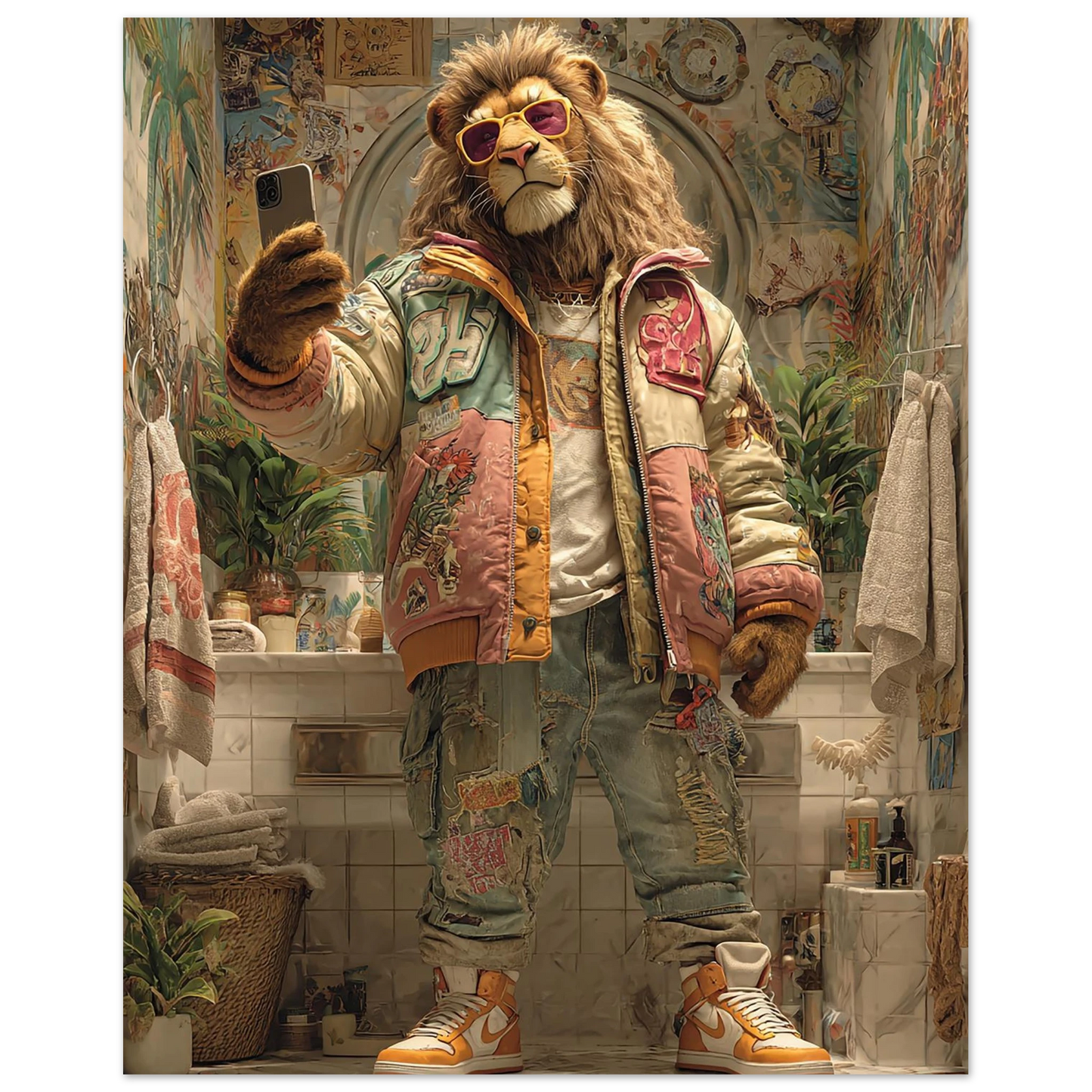 Funny lion poster in colorful streetwear style, printed on premium 200 gsm semi-glossy FSC-certified paper. Vibrant yet soft tones bring a modern jungle king vibe to your walls, perfect for bathroom, living room, or nursery decor. Available in multiple poster sizes from A4 to A0, plus 30×40 cm, 40×50 cm, and 50×70 cm – designed to fit IKEA frames such as RIBBA, LOMVIKEN, and HOVSTA. A sustainable wall art choice, made to order. Be proud. Be kind. Be wild – by Dezinbazar.