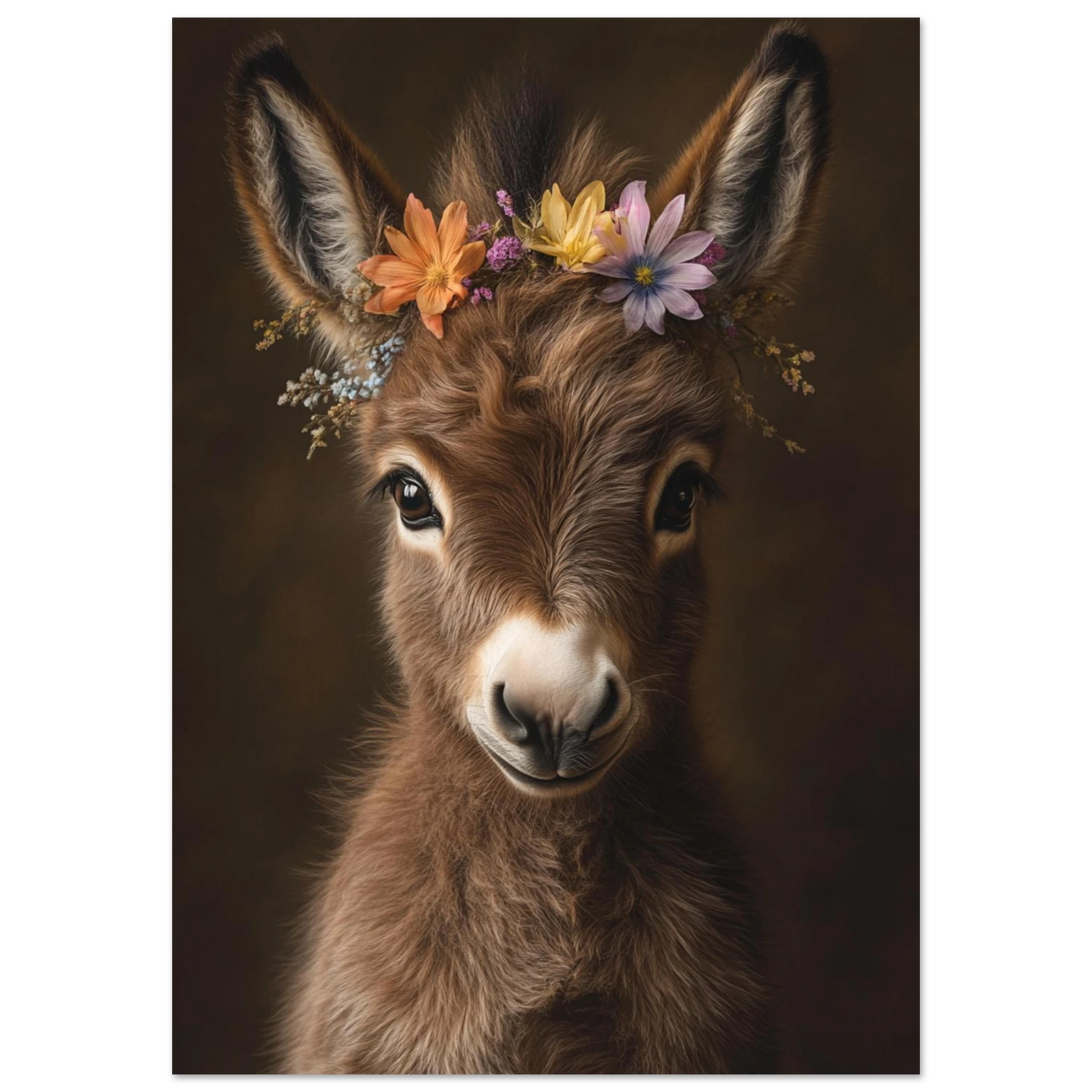 Adorable baby donkey poster with flower crown – printed on 200 gsm semi-glossy FSC-certified paper in sizes from A4 to A0 and 30×40 cm to 50×70 cm. This farm-themed nursery print brings calm and rustic charm to any baby or kids room. Fits standard IKEA frames like RIBBA and HOVSTA. Be proud. Be kind. Be wild – by Dezinbazar.