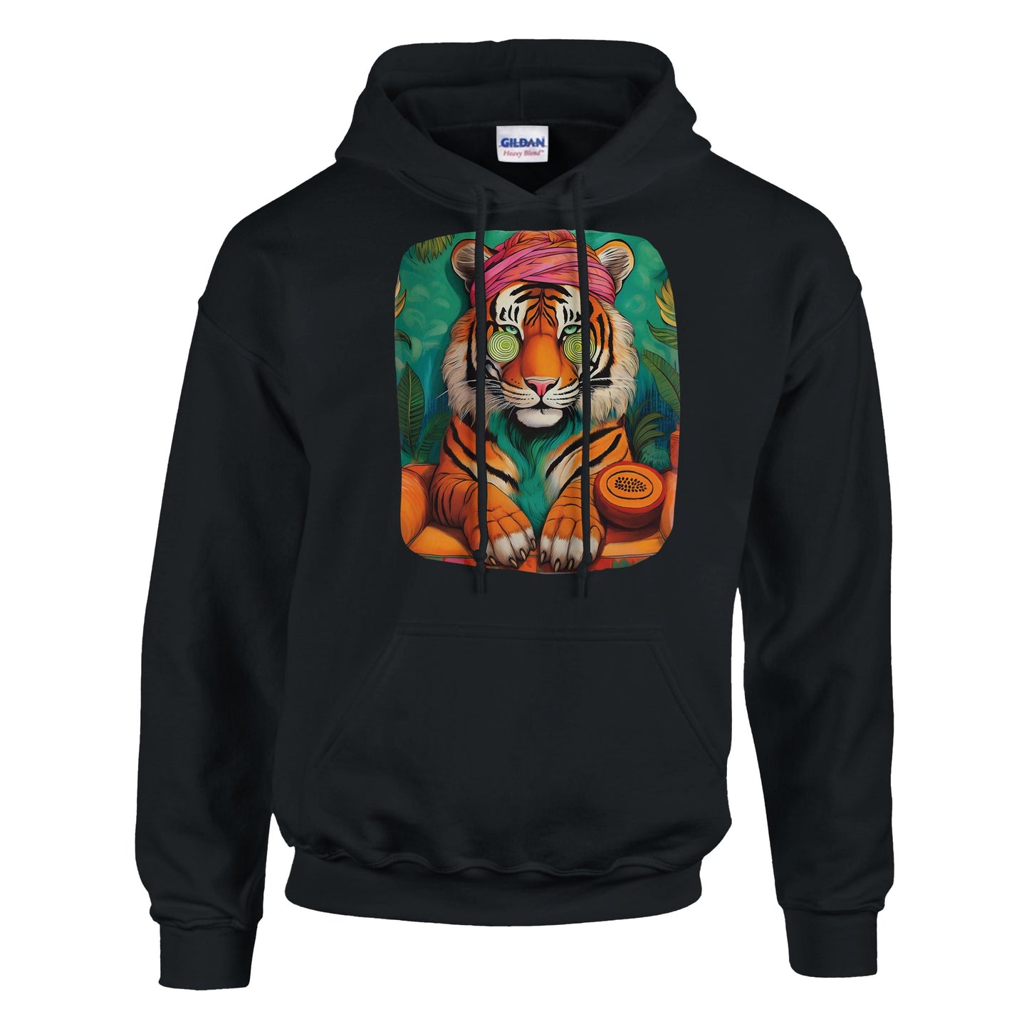 Wellness tiger hoodie with bold tiger design symbolizing strength and calmness. Unisex streetwear sweatshirt made from soft cotton-poly blend for comfort and durability. Perfect for casual outfits, sporty looks, or cozy days at home. Available in sizes S–3XL with double-lined hood, kangaroo pocket, and ribbed cuffs. A stylish and versatile hoodie for tiger lovers, fashion fans, and anyone seeking wellness vibes. Be proud. Be kind. Be wild – by Dezinbazar.