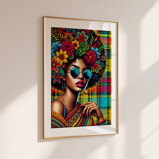 Powerful digital artwork of a Black woman with a floral Afro hairstyle, sunglasses and a bold Madras patterned background. Caribbean-inspired portrait with vibrant colors, symbolizing pride and cultural beauty. Instant download in high resolution.