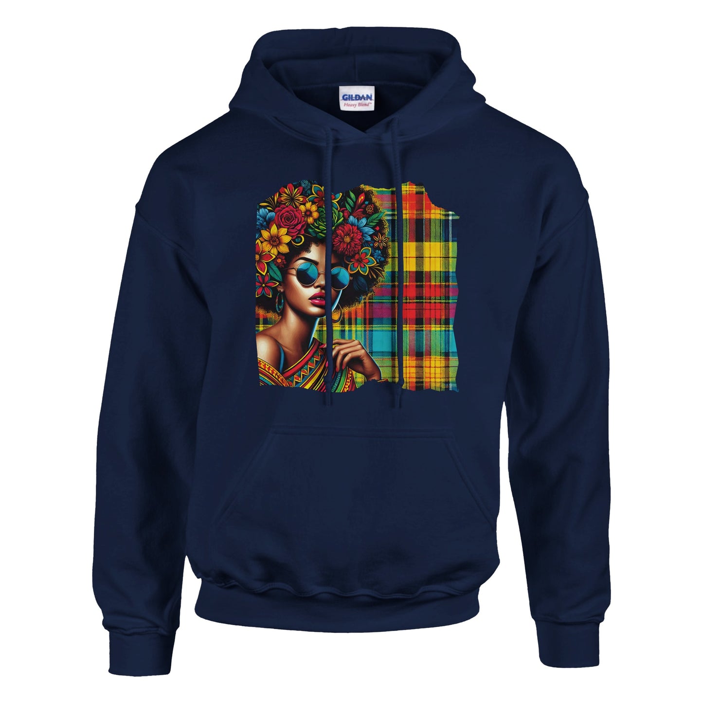 Afro hoodie with bold Madras pattern and sunglasses design. A unisex streetwear sweatshirt blending Caribbean vibes, Afro style, and cultural fashion. Made from a soft cotton-polyester blend with double-lined hood and kangaroo pocket. Available in sizes XS–XXL, designed for both men and women. Perfect for Afro lifestyle fans, cultural streetwear lovers, and anyone looking to wear Caribbean pride. Be proud. Be kind. Be wild – by Dezinbazar.