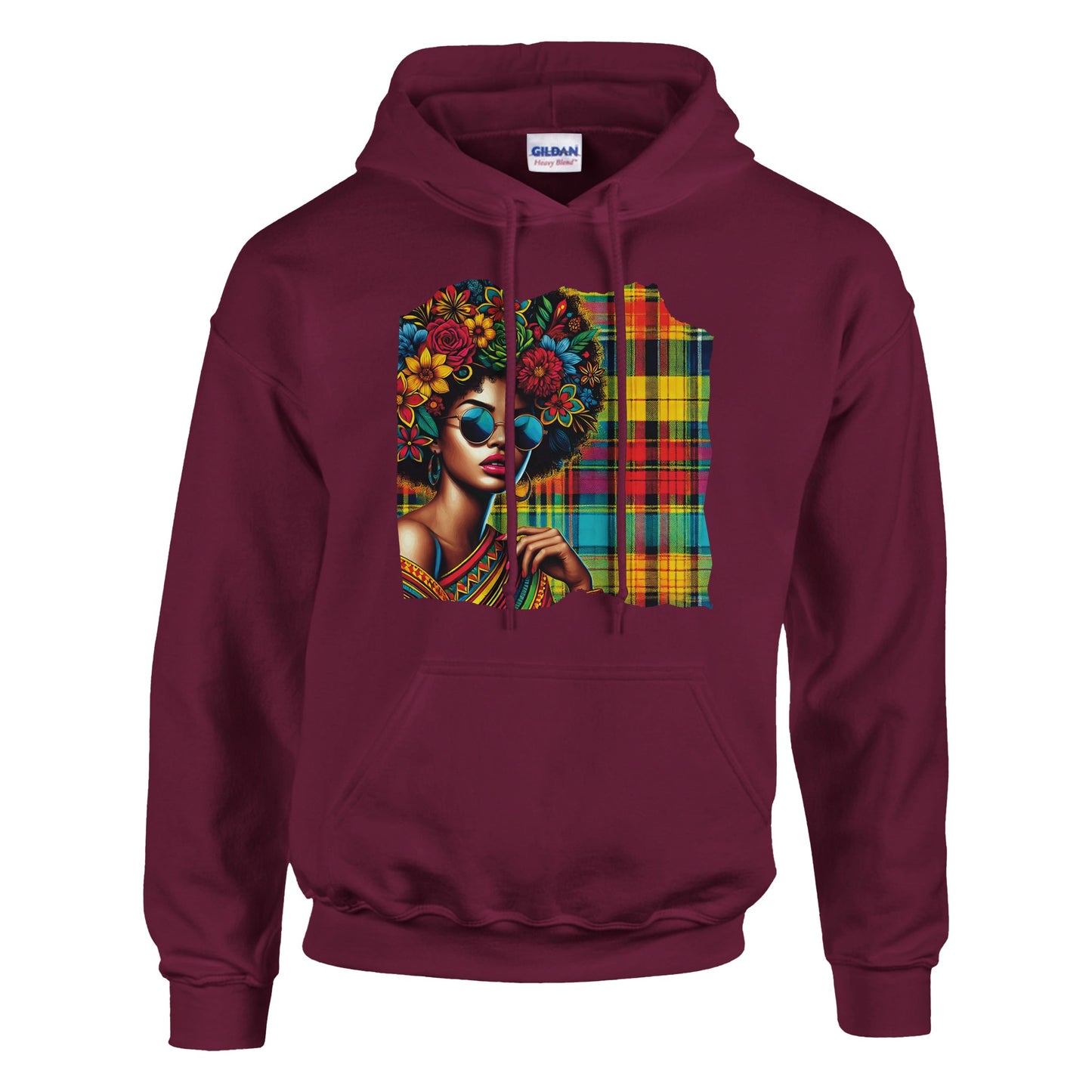 Afro hoodie with bold Madras pattern and sunglasses design. A unisex streetwear sweatshirt blending Caribbean vibes, Afro style, and cultural fashion. Made from a soft cotton-polyester blend with double-lined hood and kangaroo pocket. Available in sizes XS–XXL, designed for both men and women. Perfect for Afro lifestyle fans, cultural streetwear lovers, and anyone looking to wear Caribbean pride. Be proud. Be kind. Be wild – by Dezinbazar.
