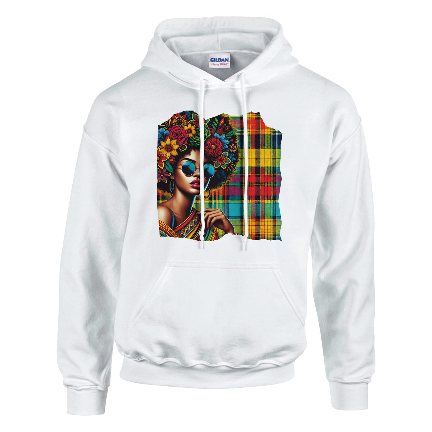 Afro hoodie with bold Madras pattern and sunglasses design. A unisex streetwear sweatshirt blending Caribbean vibes, Afro style, and cultural fashion. Made from a soft cotton-polyester blend with double-lined hood and kangaroo pocket. Available in sizes XS–XXL, designed for both men and women. Perfect for Afro lifestyle fans, cultural streetwear lovers, and anyone looking to wear Caribbean pride. Be proud. Be kind. Be wild – by Dezinbazar.
