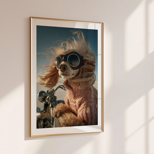Funny apricot poodle with retro aviator goggles and pink sweater riding a motorcycle. Printed as premium wall art on FSC-certified semi-glossy paper (200 gsm), perfect for bathroom, guest toilet, or dog lovers' spaces. Available in DIN and standard poster sizes. Quirky and eye-catching decoration. Be proud. Be kind. Be wild – by Dezinbazar.