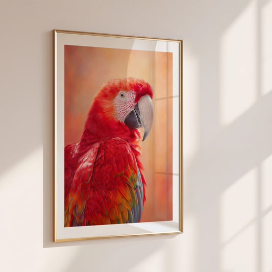 High-quality Ara parrot wall art with vibrant red feathers and a glowing warm orange background. Printed on 200 gsm semi-glossy FSC-certified paper, this tropical bird poster adds bold color to nurseries, bathrooms or beach-style interiors. Available in A4–A0 and standard sizes like 30×40 cm and 50×70 cm. A perfect gift for bird lovers and exotic art fans. Be proud. Be kind. Be wild – by Dezinbazar.