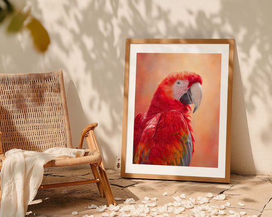 Digital print of a vivid red Ara parrot with soft orange and coral background. Ideal for tropical nursery, kids room or bathroom. Printable wall art in high resolution (300 DPI), available in multiple sizes – from A5 to A0 and 30×40 cm or 50×70 cm. A vibrant and colorful gift for bird lovers or exotic jungle decor. Be proud. Be kind. Be wild – by Dezinbazar.