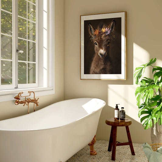 Adorable baby donkey poster with flower crown – printed on 200 gsm semi-glossy FSC-certified paper in sizes from A4 to A0 and 30×40 cm to 50×70 cm. This farm-themed nursery print brings calm and rustic charm to any baby or kids room. Fits standard IKEA frames like RIBBA and HOVSTA. Be proud. Be kind. Be wild – by Dezinbazar.