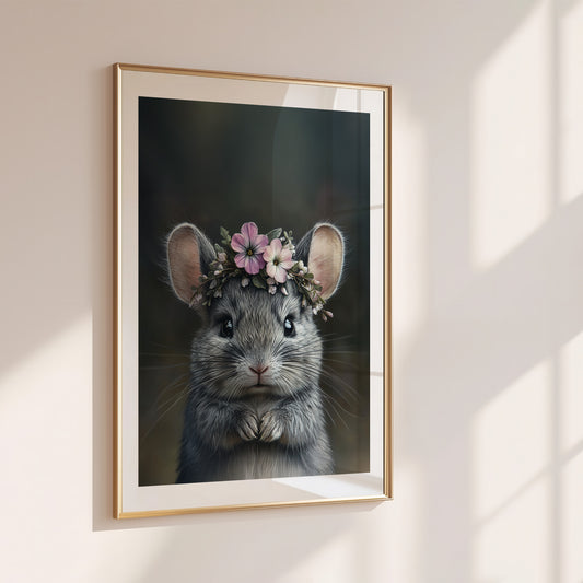 Sweet baby chinchilla poster in soft boho style, perfect for decorating woodland-themed nurseries or kids rooms. Printed on FSC-certified semi-glossy premium paper in DIN and standard sizes. Fits IKEA frames. A gentle and unique gift idea for nature lovers and new parents. Be proud. Be kind. Be wild – by Dezinbazar.
