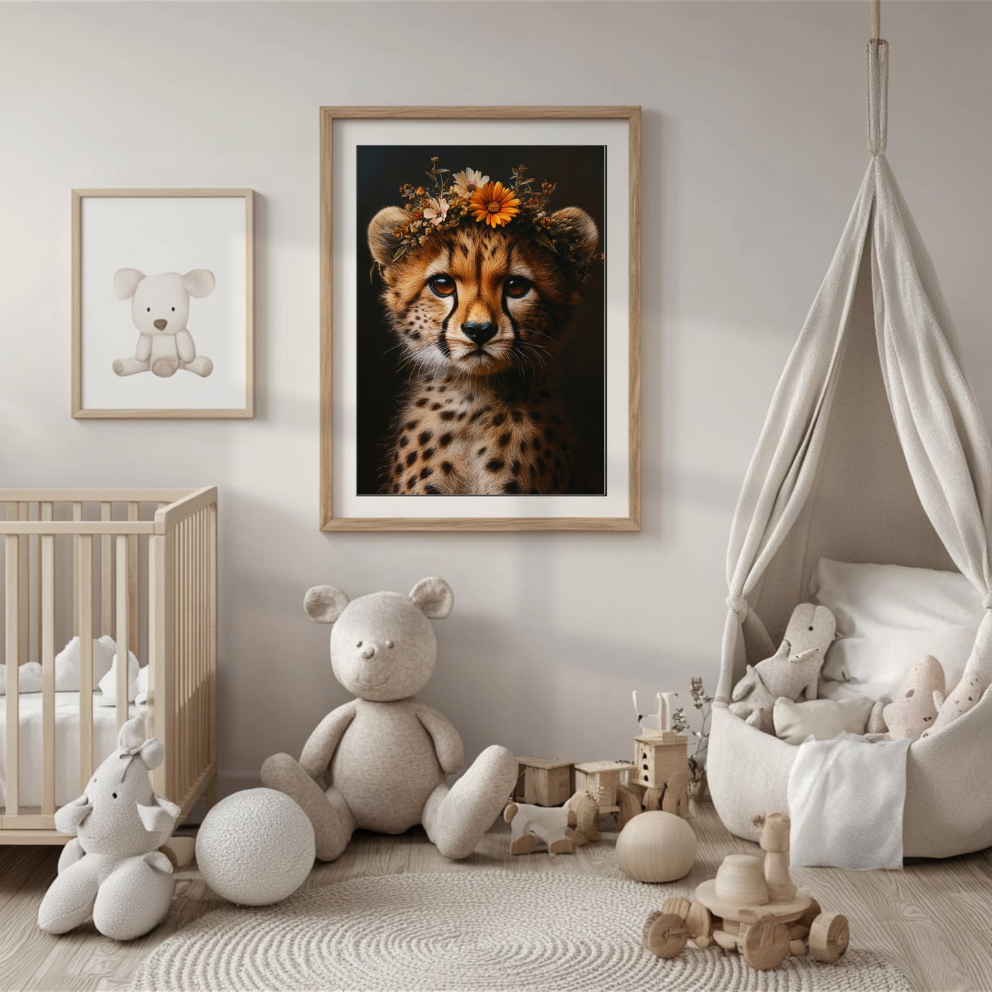 Adorable digital print of a baby cheetah with flower crown – perfect wall decor for nursery, bathroom or living space with safari vibes. This lovingly illustrated animal artwork brings warmth and charm to any room. The high-resolution download includes four file ratios in 300 DPI for sharp and professional-quality printing at home or through a print shop. A unique and heartwarming Dezinbazar design for animal lovers and thoughtful parents.