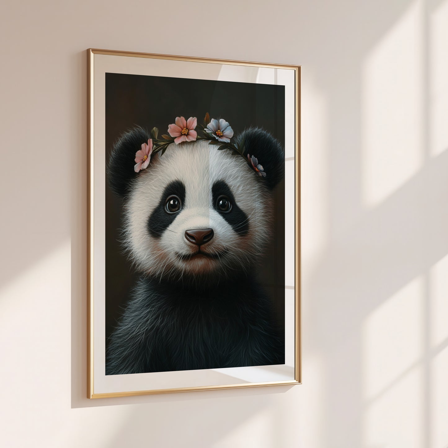 Adorable baby panda with a delicate flower crown – high-resolution digital print for instant download. Perfect for nursery, kids room, or living room wall decor. This whimsical animal artwork brings warmth, charm, and a gentle atmosphere to any space. Ideal as a gift for baby showers, panda lovers, or animal-themed decor. Includes 300 DPI JPEG files in multiple sizes for flexible printing or digital display.