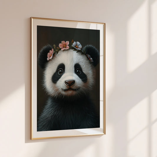 Adorable baby panda with a flower crown – printed on premium semi-glossy FSC-certified paper. This woodland nursery wall art is perfect for baby rooms, kids spaces or as a gift for animal lovers. Available in multiple poster sizes, fits standard frames including IKEA. A sweet and calming nature-inspired design for gentle home decor. Be proud. Be kind. Be wild – by Dezinbazar.