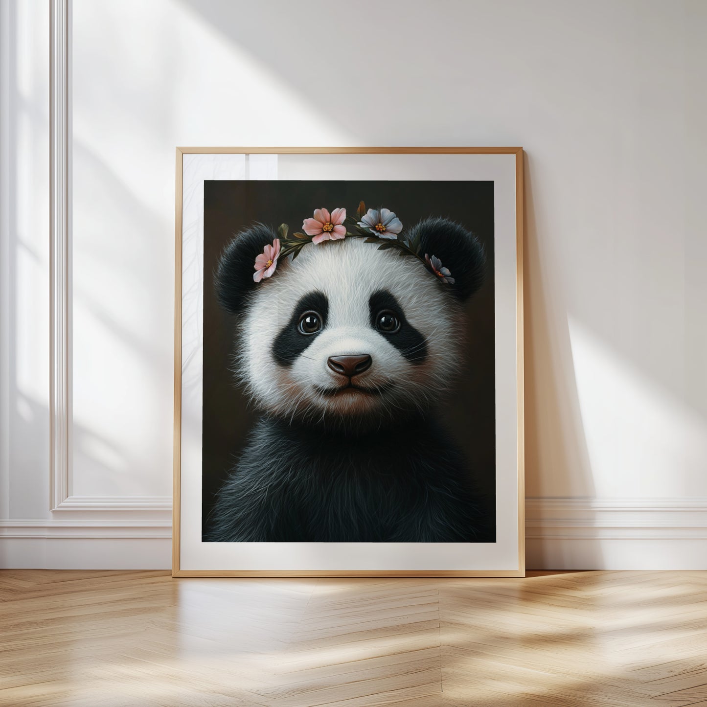 Adorable baby panda with a delicate flower crown – high-resolution digital print for instant download. Perfect for nursery, kids room, or living room wall decor. This whimsical animal artwork brings warmth, charm, and a gentle atmosphere to any space. Ideal as a gift for baby showers, panda lovers, or animal-themed decor. Includes 300 DPI JPEG files in multiple sizes for flexible printing or digital display.