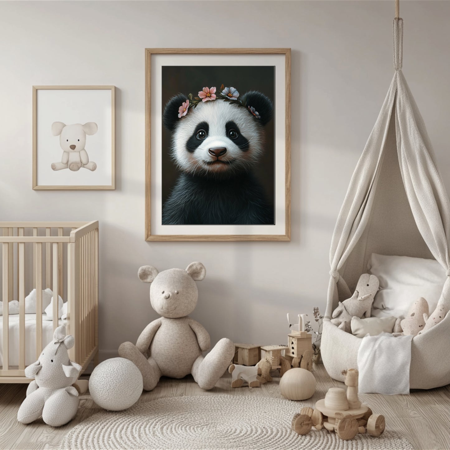 Adorable baby panda with a delicate flower crown – high-resolution digital print for instant download. Perfect for nursery, kids room, or living room wall decor. This whimsical animal artwork brings warmth, charm, and a gentle atmosphere to any space. Ideal as a gift for baby showers, panda lovers, or animal-themed decor. Includes 300 DPI JPEG files in multiple sizes for flexible printing or digital display.