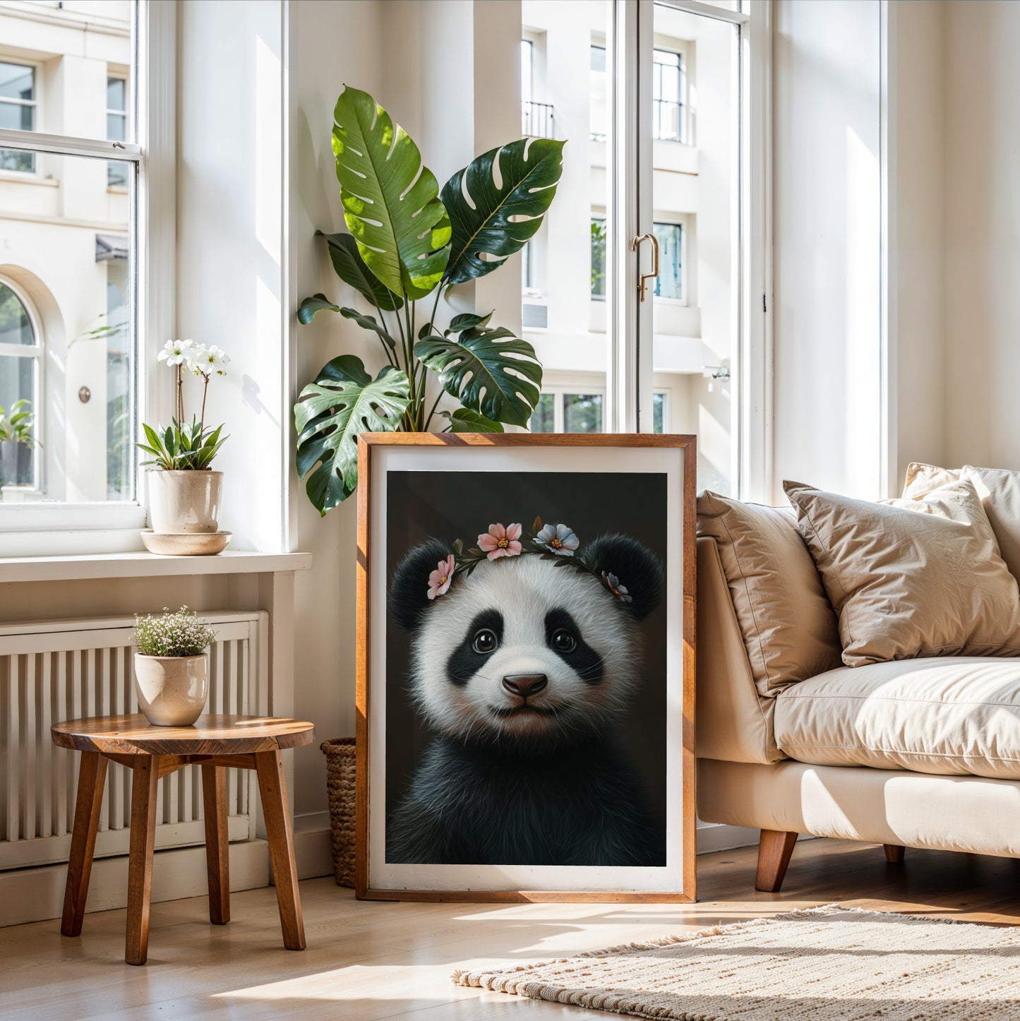 Adorable baby panda with a delicate flower crown – high-resolution digital print for instant download. Perfect for nursery, kids room, or living room wall decor. This whimsical animal artwork brings warmth, charm, and a gentle atmosphere to any space. Ideal as a gift for baby showers, panda lovers, or animal-themed decor. Includes 300 DPI JPEG files in multiple sizes for flexible printing or digital display.