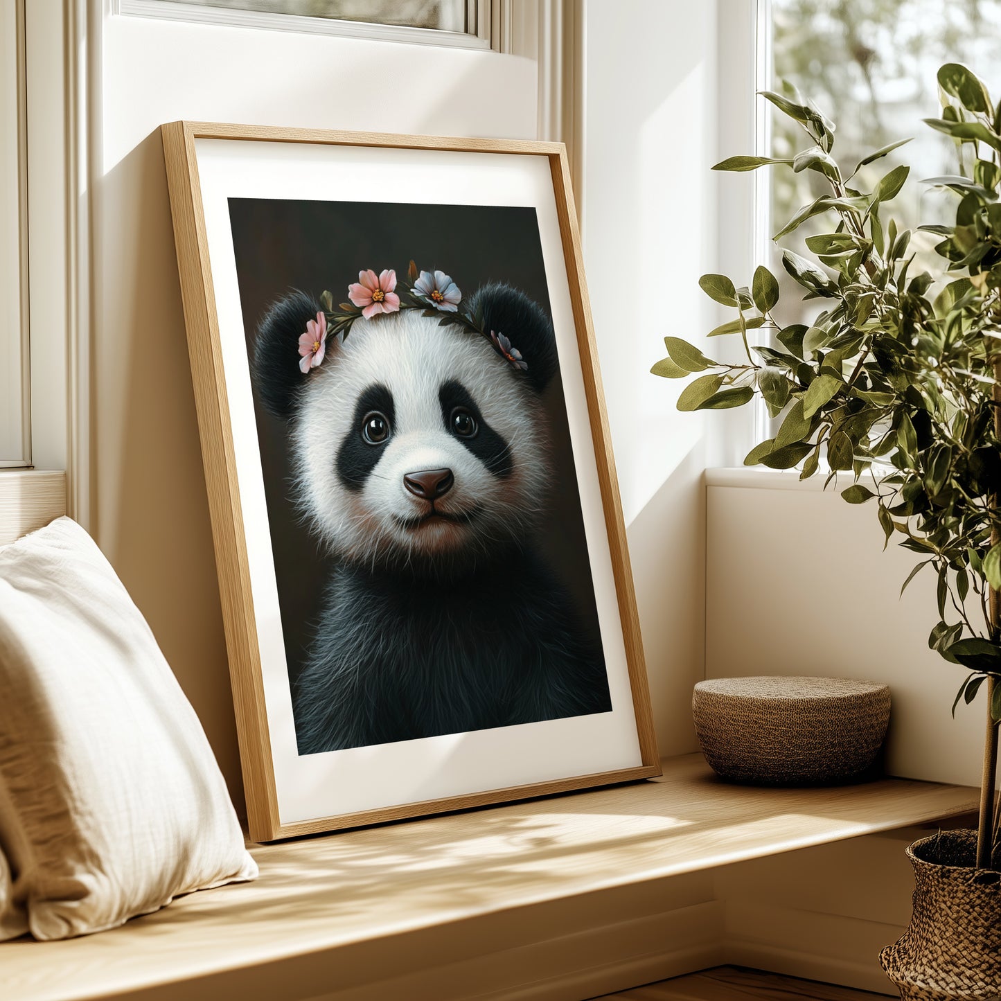 Adorable baby panda with a delicate flower crown – high-resolution digital print for instant download. Perfect for nursery, kids room, or living room wall decor. This whimsical animal artwork brings warmth, charm, and a gentle atmosphere to any space. Ideal as a gift for baby showers, panda lovers, or animal-themed decor. Includes 300 DPI JPEG files in multiple sizes for flexible printing or digital display.