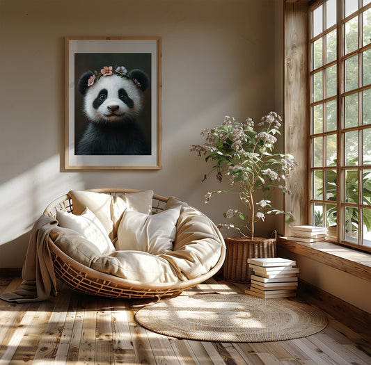 Adorable baby panda with a delicate flower crown – high-resolution digital print for instant download. Perfect for nursery, kids room, or living room wall decor. This whimsical animal artwork brings warmth, charm, and a gentle atmosphere to any space. Ideal as a gift for baby showers, panda lovers, or animal-themed decor. Includes 300 DPI JPEG files in multiple sizes for flexible printing or digital display.