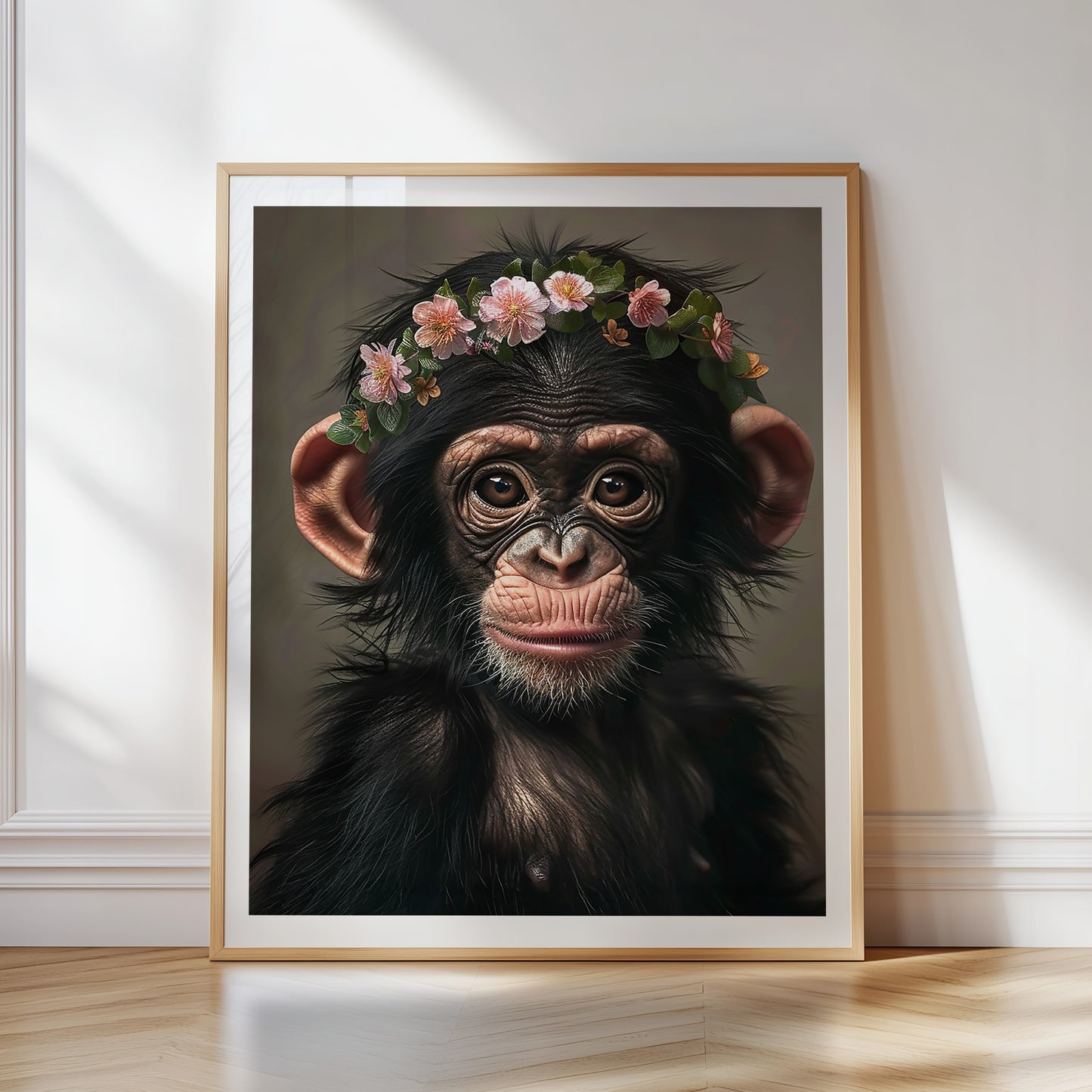 This physical art print features a baby chimpanzee with a charming flower crown, set in a jungle-themed design. Perfect for nursery or kids’ rooms, the artwork is professionally printed on high-quality paper and adds a touch of wild beauty to your space. Ideal gift for animal lovers, new parents, or expecting moms.