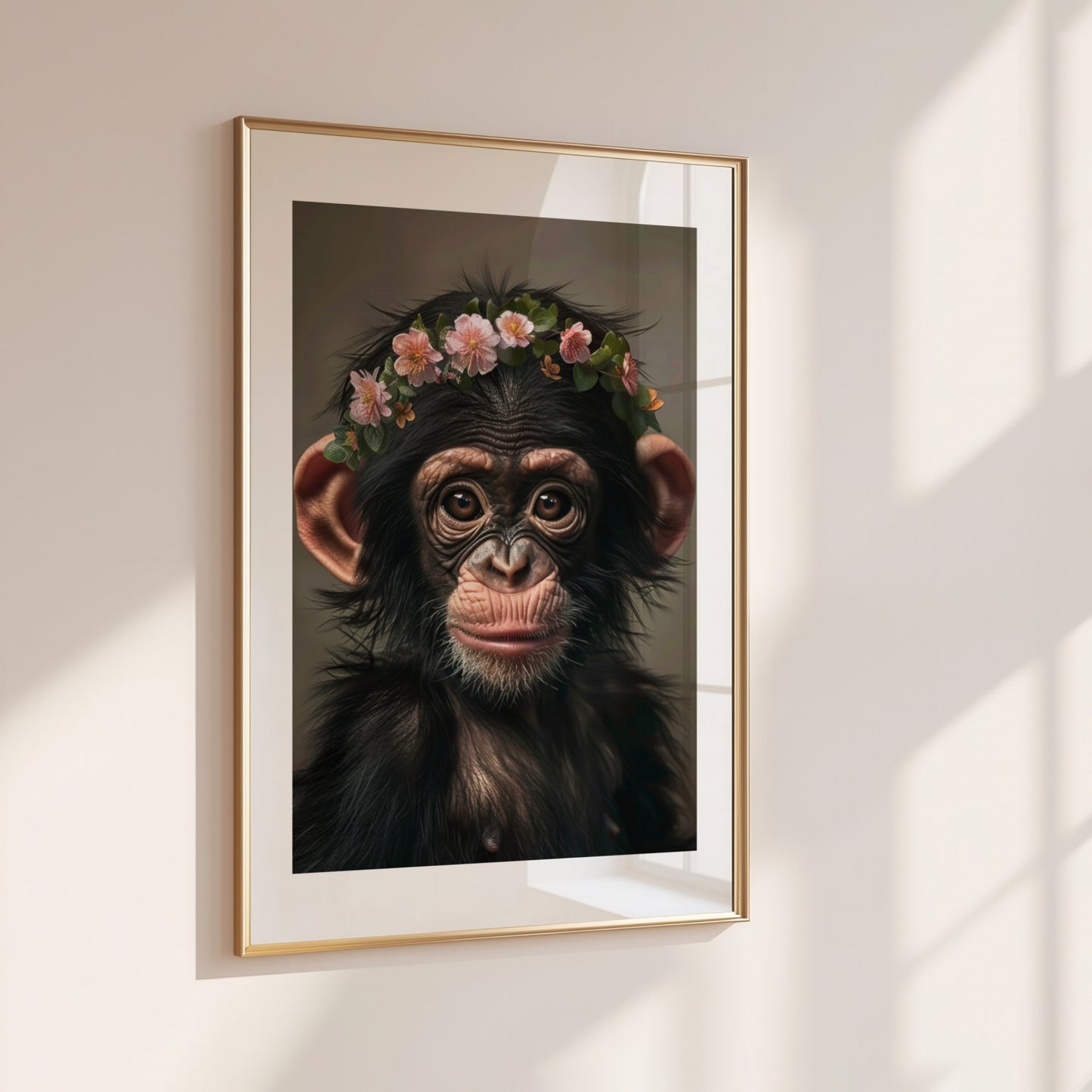 Adorable baby chimpanzee with flower crown – printable jungle nursery wall art for kids rooms or thoughtful gifts. This sweet ape artwork brings warmth, curiosity, and wild charm into any space. Perfect for baby showers, wildlife lovers or modern nursery decor. Delivered as high-resolution digital files in multiple sizes, ready to print at home or professionally. A gentle Dezinbazar original.