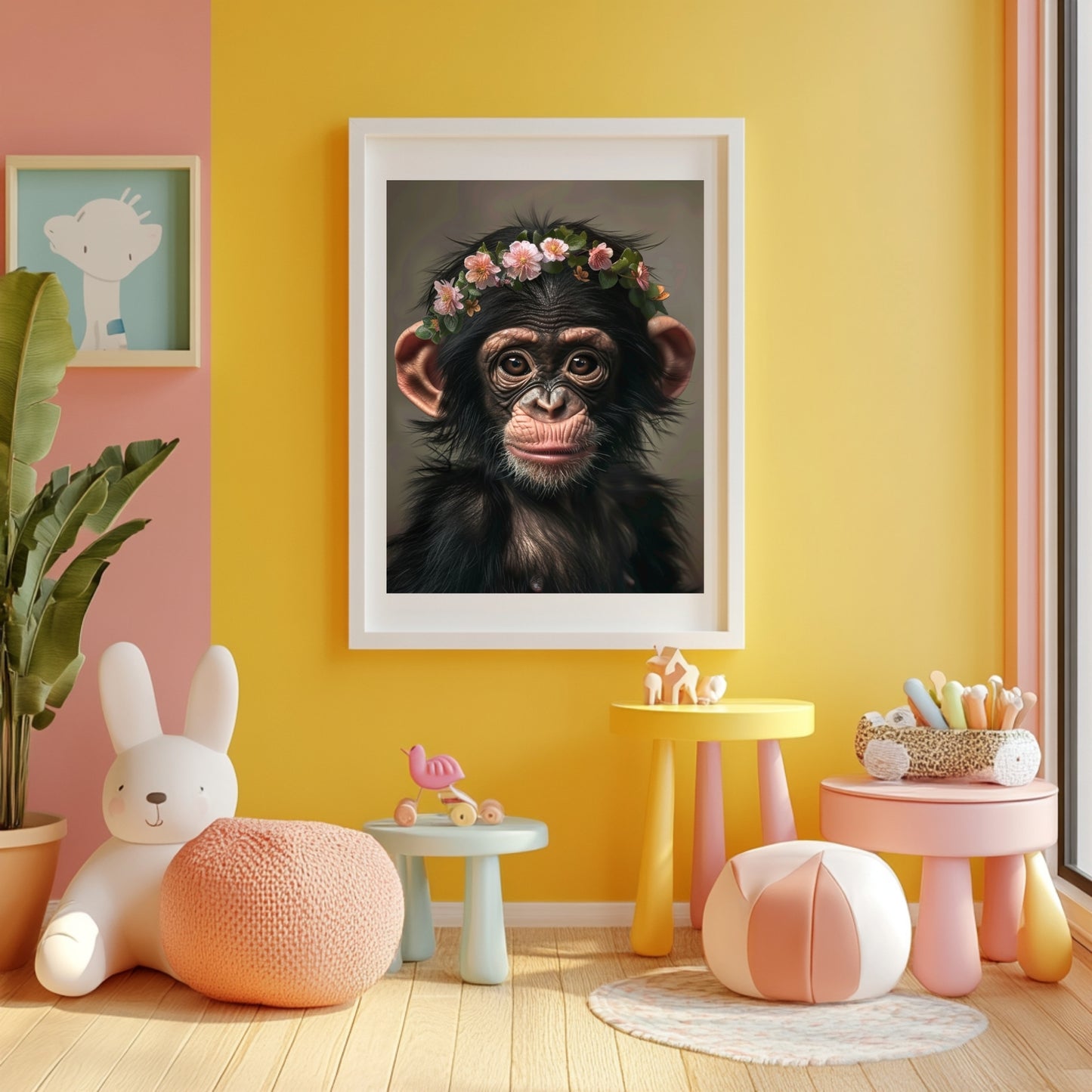 Adorable baby chimpanzee with flower crown – printable jungle nursery wall art for kids rooms or thoughtful gifts. This sweet ape artwork brings warmth, curiosity, and wild charm into any space. Perfect for baby showers, wildlife lovers or modern nursery decor. Delivered as high-resolution digital files in multiple sizes, ready to print at home or professionally. A gentle Dezinbazar original.