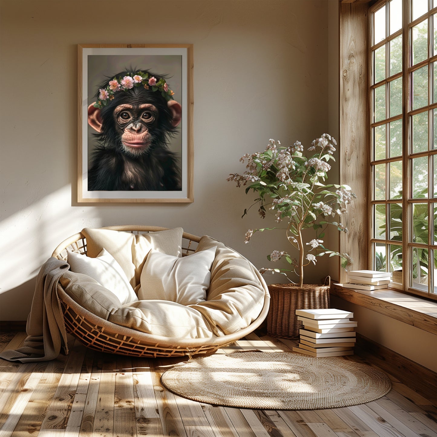 Adorable baby chimpanzee with flower crown – printable jungle nursery wall art for kids rooms or thoughtful gifts. This sweet ape artwork brings warmth, curiosity, and wild charm into any space. Perfect for baby showers, wildlife lovers or modern nursery decor. Delivered as high-resolution digital files in multiple sizes, ready to print at home or professionally. A gentle Dezinbazar original.