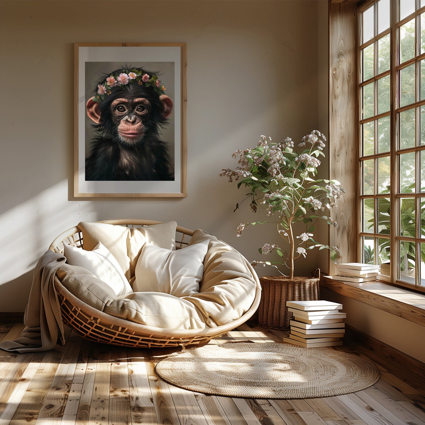 This physical art print features a baby chimpanzee with a charming flower crown, set in a jungle-themed design. Perfect for nursery or kids’ rooms, the artwork is professionally printed on high-quality paper and adds a touch of wild beauty to your space. Ideal gift for animal lovers, new parents, or expecting moms.