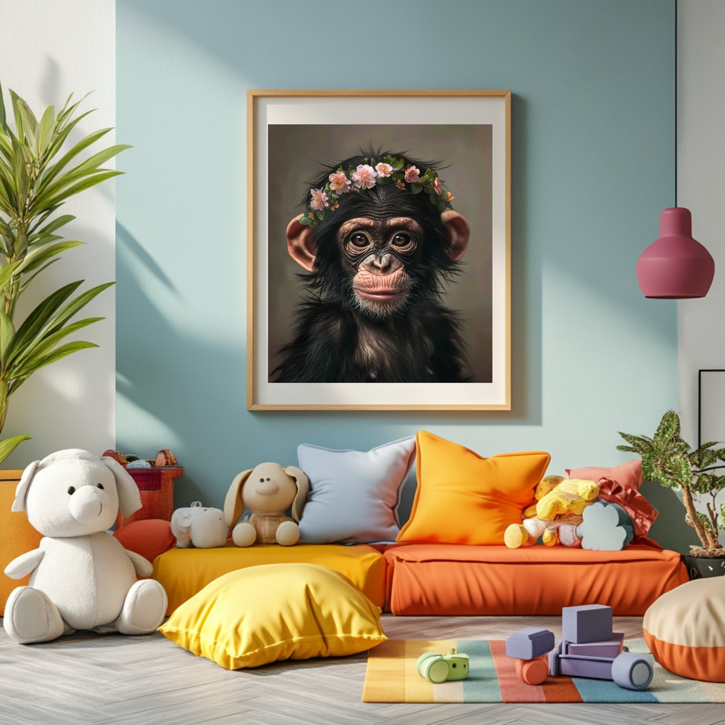 Adorable baby chimpanzee with flower crown – printable jungle nursery wall art for kids rooms or thoughtful gifts. This sweet ape artwork brings warmth, curiosity, and wild charm into any space. Perfect for baby showers, wildlife lovers or modern nursery decor. Delivered as high-resolution digital files in multiple sizes, ready to print at home or professionally. A gentle Dezinbazar original.