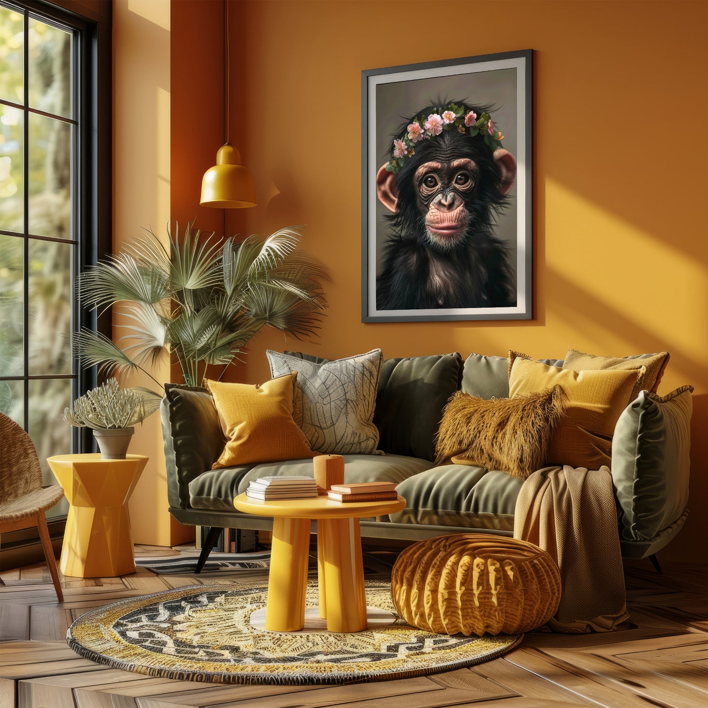This physical art print features a baby chimpanzee with a charming flower crown, set in a jungle-themed design. Perfect for nursery or kids’ rooms, the artwork is professionally printed on high-quality paper and adds a touch of wild beauty to your space. Ideal gift for animal lovers, new parents, or expecting moms.