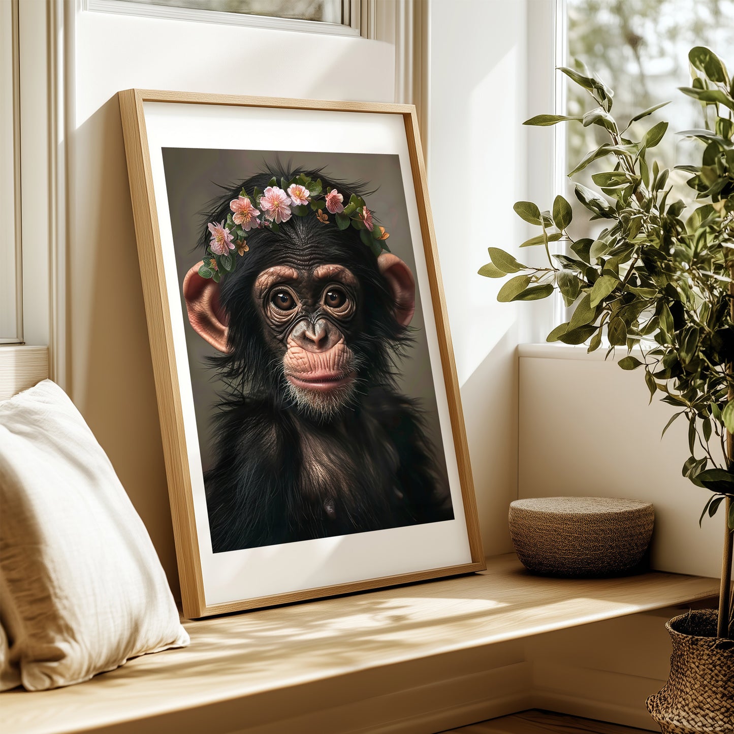 This physical art print features a baby chimpanzee with a charming flower crown, set in a jungle-themed design. Perfect for nursery or kids’ rooms, the artwork is professionally printed on high-quality paper and adds a touch of wild beauty to your space. Ideal gift for animal lovers, new parents, or expecting moms.