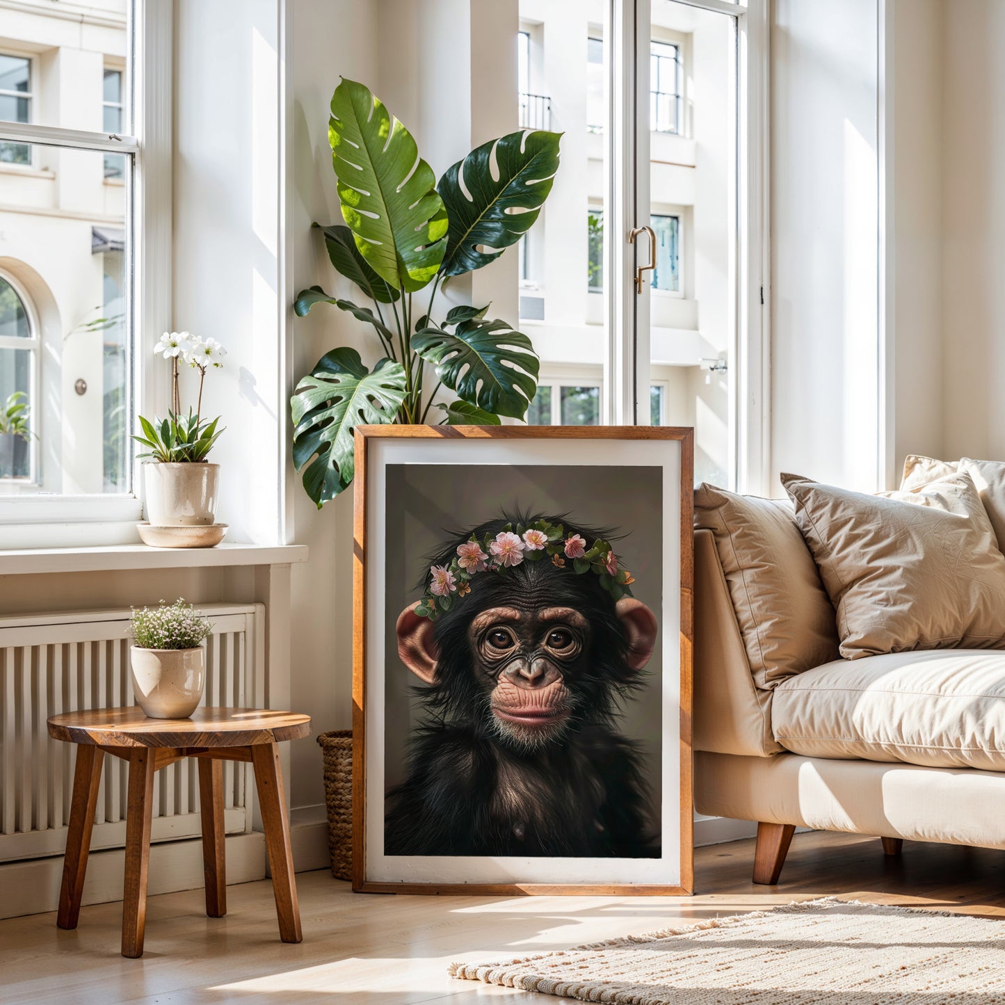 This physical art print features a baby chimpanzee with a charming flower crown, set in a jungle-themed design. Perfect for nursery or kids’ rooms, the artwork is professionally printed on high-quality paper and adds a touch of wild beauty to your space. Ideal gift for animal lovers, new parents, or expecting moms.