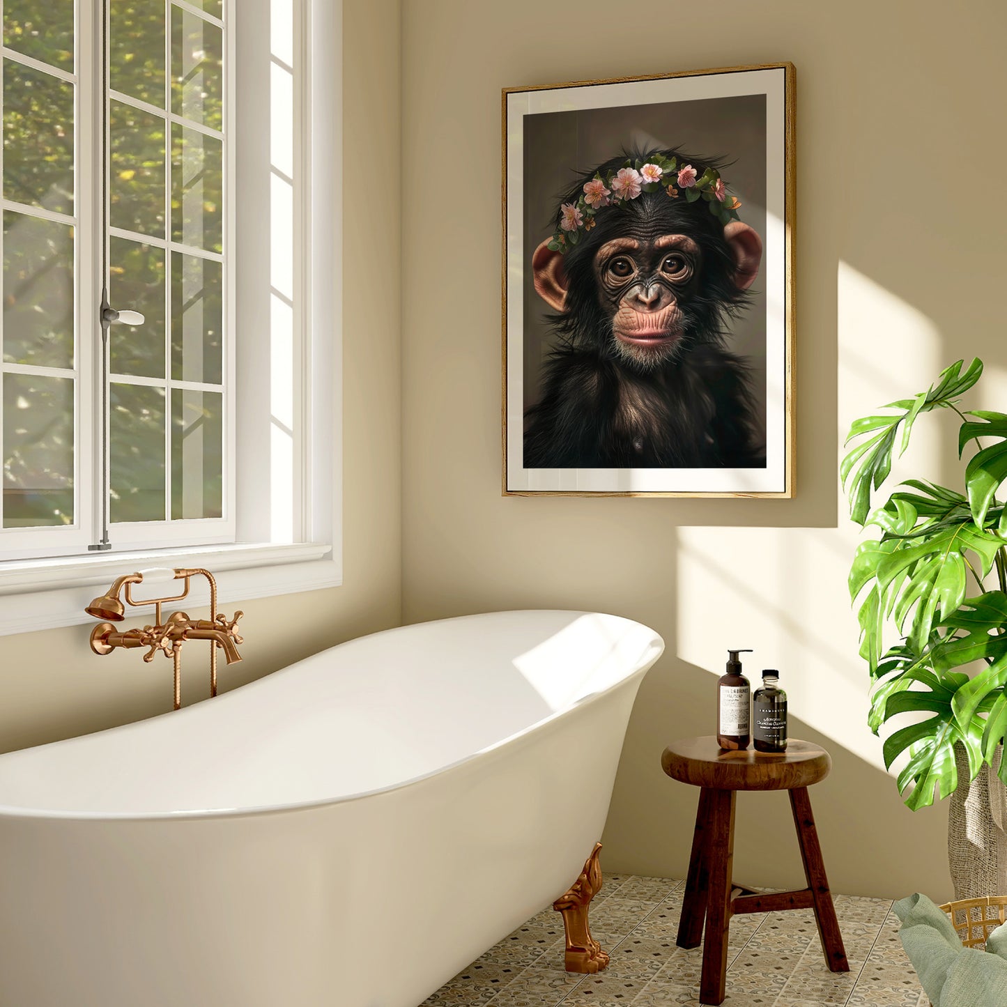 This physical art print features a baby chimpanzee with a charming flower crown, set in a jungle-themed design. Perfect for nursery or kids’ rooms, the artwork is professionally printed on high-quality paper and adds a touch of wild beauty to your space. Ideal gift for animal lovers, new parents, or expecting moms.