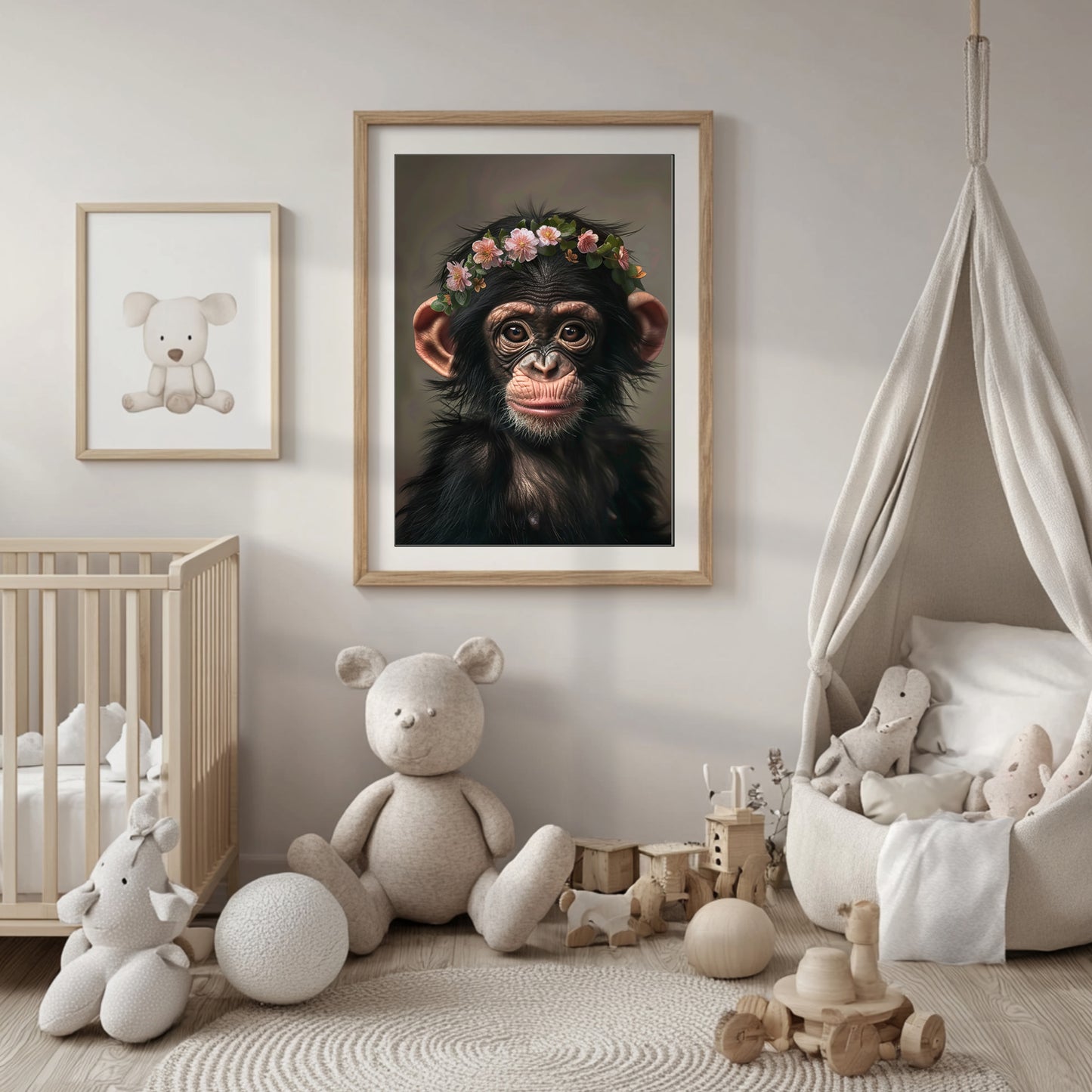 This physical art print features a baby chimpanzee with a charming flower crown, set in a jungle-themed design. Perfect for nursery or kids’ rooms, the artwork is professionally printed on high-quality paper and adds a touch of wild beauty to your space. Ideal gift for animal lovers, new parents, or expecting moms.