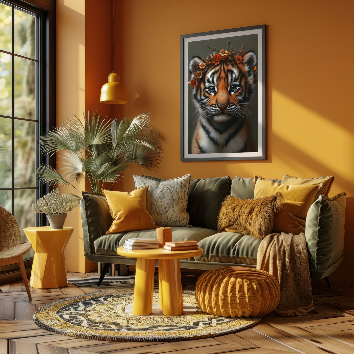 Adorable baby tiger with flower crown – high-resolution digital print for instant download. This playful yet elegant animal artwork is perfect for nurseries, kids rooms, or creative spaces. A charming and gentle design ideal as a gift for nature lovers or jungle-themed decor. Includes 300 DPI JPEGs in multiple sizes for easy printing or digital display. No physical item, frame, or decor included.