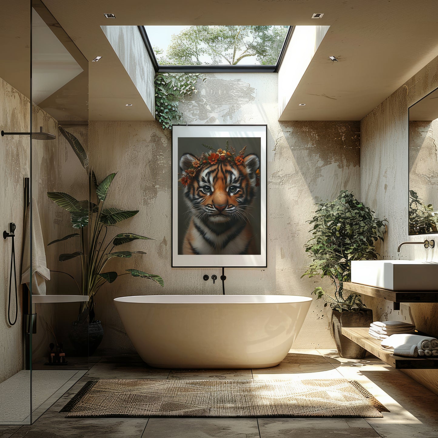 Adorable baby tiger with flower crown – high-resolution digital print for instant download. This playful yet elegant animal artwork is perfect for nurseries, kids rooms, or creative spaces. A charming and gentle design ideal as a gift for nature lovers or jungle-themed decor. Includes 300 DPI JPEGs in multiple sizes for easy printing or digital display. No physical item, frame, or decor included.