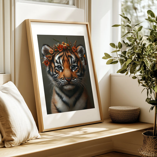 Adorable baby tiger with flower crown – printable jungle nursery wall art for kids room, safari-themed baby space or playroom. Includes 4 high-res JPGs. A Dezinbazar original.