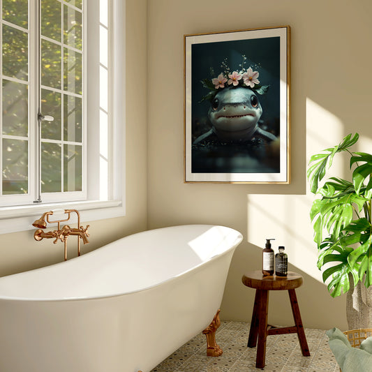 Adorable baby shark with floral elements – high-quality printed poster for nursery or kids room. This charming ocean-themed wall art brings a gentle maritime touch to any space. Perfect as a gift for sea life lovers, baby showers, or beach-style decor. Professionally printed and shipped, ready to frame and enjoy. A cute and calming design that adds joy to children's spaces. Frame not included.