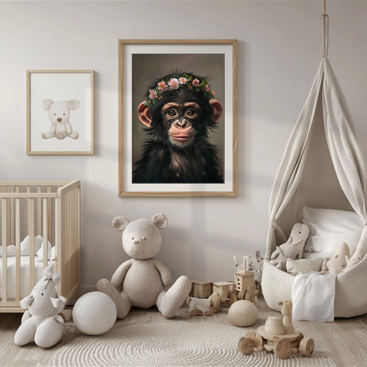 Adorable baby chimpanzee with flower crown – printable jungle nursery wall art for kids rooms or thoughtful gifts. This sweet ape artwork brings warmth, curiosity, and wild charm into any space. Perfect for baby showers, wildlife lovers or modern nursery decor. Delivered as high-resolution digital files in multiple sizes, ready to print at home or professionally. A gentle Dezinbazar original.