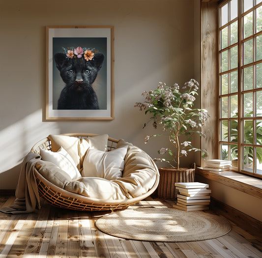 Cute baby black panther poster with flower crown – printed on 200 gsm semi-glossy FSC-certified paper in sizes A4–A0 and 30×40 cm to 50×70 cm. Ideal for jungle-themed nurseries, safari baby rooms or kids rooms. Fits common frames (e.g. IKEA RIBBA, HOVSTA). A calming and unique gift for new parents and animal lovers. Be proud. Be kind. Be wild – by Dezinbazar.