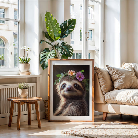 Baby sloth poster with cute jungle charm and floral crown, designed for nurseries, kids rooms, or tropical baby spaces. Printed on 200 gsm semi-glossy FSC-certified premium paper, available in sizes A4–A0, 30×40 cm, 50×70 cm. A sweet, eco-friendly wall art piece perfect as a baby shower gift or for boho jungle nurseries. Be proud. Be kind. Be wild – by Dezinbazar.