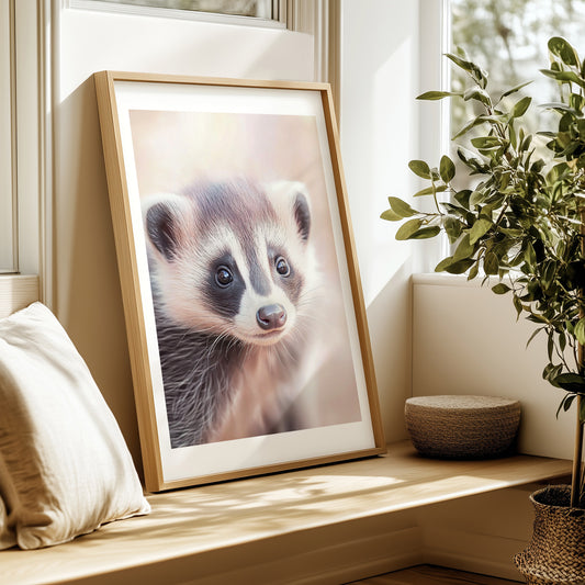 Adorable baby badger with soft pastel background – printable woodland wall art for nursery or kids room. High-resolution JPGs in 4 formats.