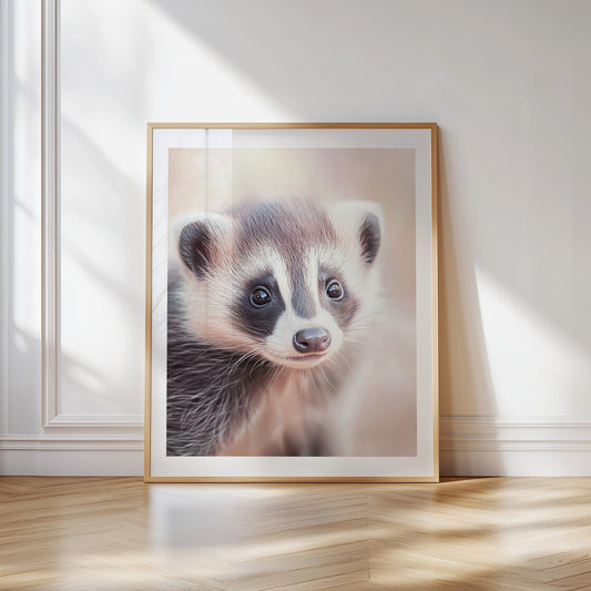 Adorable baby badger poster in soft pastel tones, perfect for woodland nurseries or kids' nature rooms. Printed on premium 200 gsm semi-glossy FSC-certified paper in various DIN and standard sizes from A4 to A0 and 30×40 to 50×70 cm. Ideal fit for IKEA frames like RIBBA or HOVSTA. Brings a peaceful forest vibe to any space. Be proud. Be kind. Be wild – by Dezinbazar.