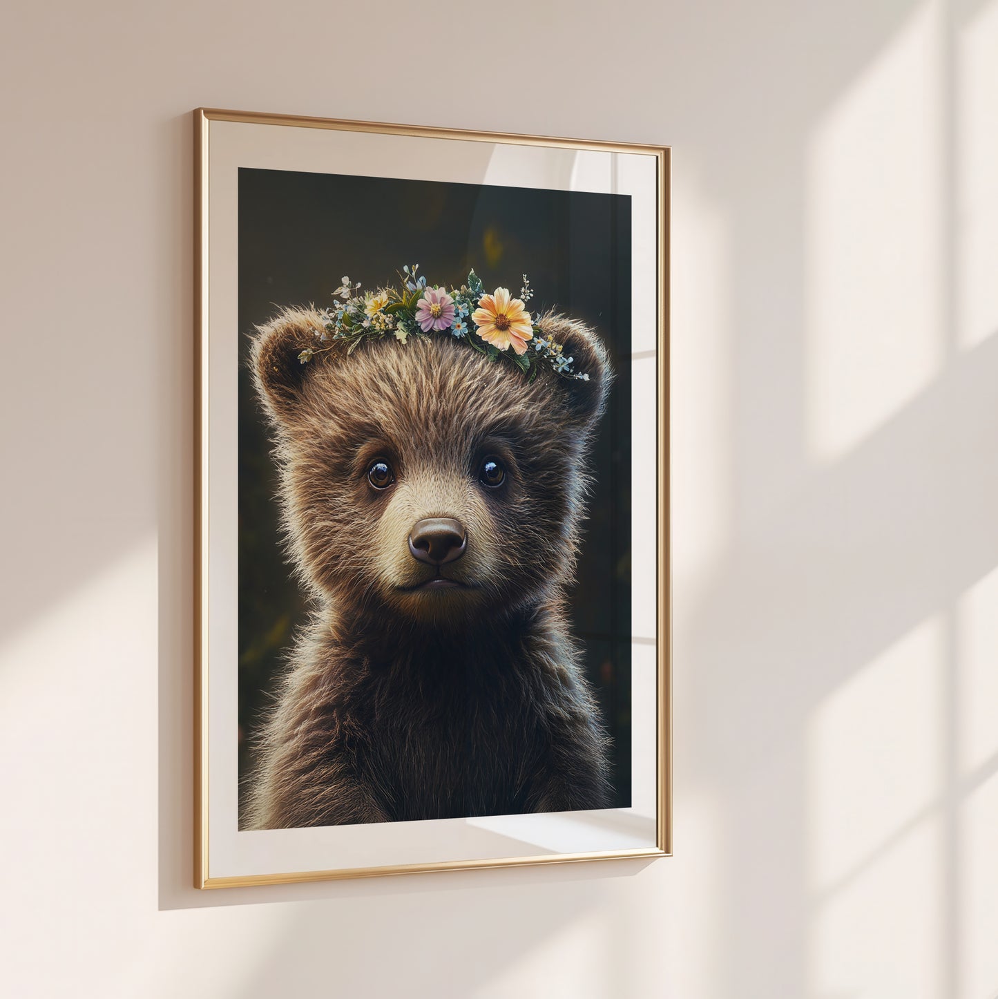 Sweet baby bear poster with flower crown – printed on 200 gsm semi-glossy FSC-certified paper. This woodland-themed nursery print is available in sizes A4 to A0 and 30×40 cm to 50×70 cm. A perfect forest animal print for nursery walls or as a gift for new parents. Fits standard frames (e.g. IKEA RIBBA or HOVSTA). Be proud. Be kind. Be wild – by Dezinbazar.