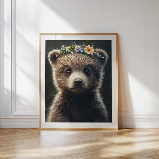 Sweet baby bear poster with flower crown – printed on 200 gsm semi-glossy FSC-certified paper. This woodland-themed nursery print is available in sizes A4 to A0 and 30×40 cm to 50×70 cm. A perfect forest animal print for nursery walls or as a gift for new parents. Fits standard frames (e.g. IKEA RIBBA or HOVSTA). Be proud. Be kind. Be wild – by Dezinbazar.