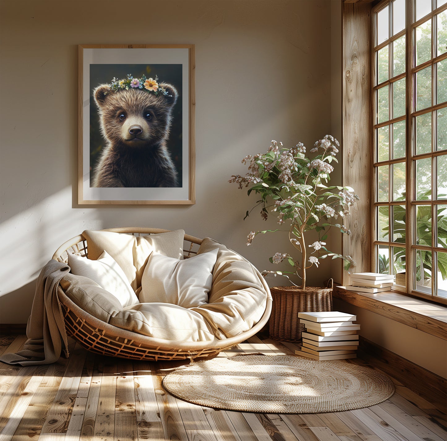 Sweet baby bear poster with flower crown – printed on 200 gsm semi-glossy FSC-certified paper. This woodland-themed nursery print is available in sizes A4 to A0 and 30×40 cm to 50×70 cm. A perfect forest animal print for nursery walls or as a gift for new parents. Fits standard frames (e.g. IKEA RIBBA or HOVSTA). Be proud. Be kind. Be wild – by Dezinbazar.