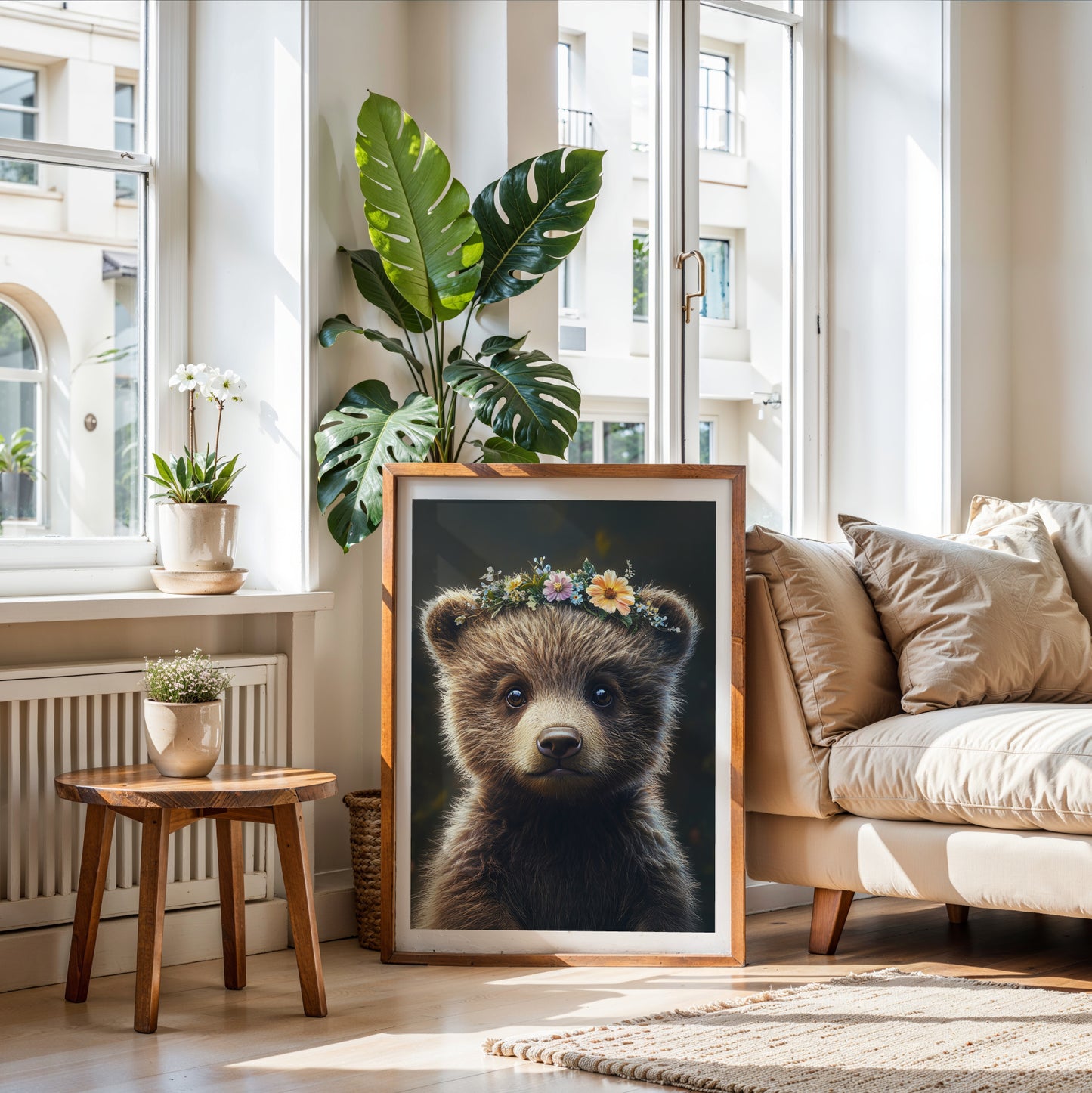 Sweet baby bear poster with flower crown – printed on 200 gsm semi-glossy FSC-certified paper. This woodland-themed nursery print is available in sizes A4 to A0 and 30×40 cm to 50×70 cm. A perfect forest animal print for nursery walls or as a gift for new parents. Fits standard frames (e.g. IKEA RIBBA or HOVSTA). Be proud. Be kind. Be wild – by Dezinbazar.