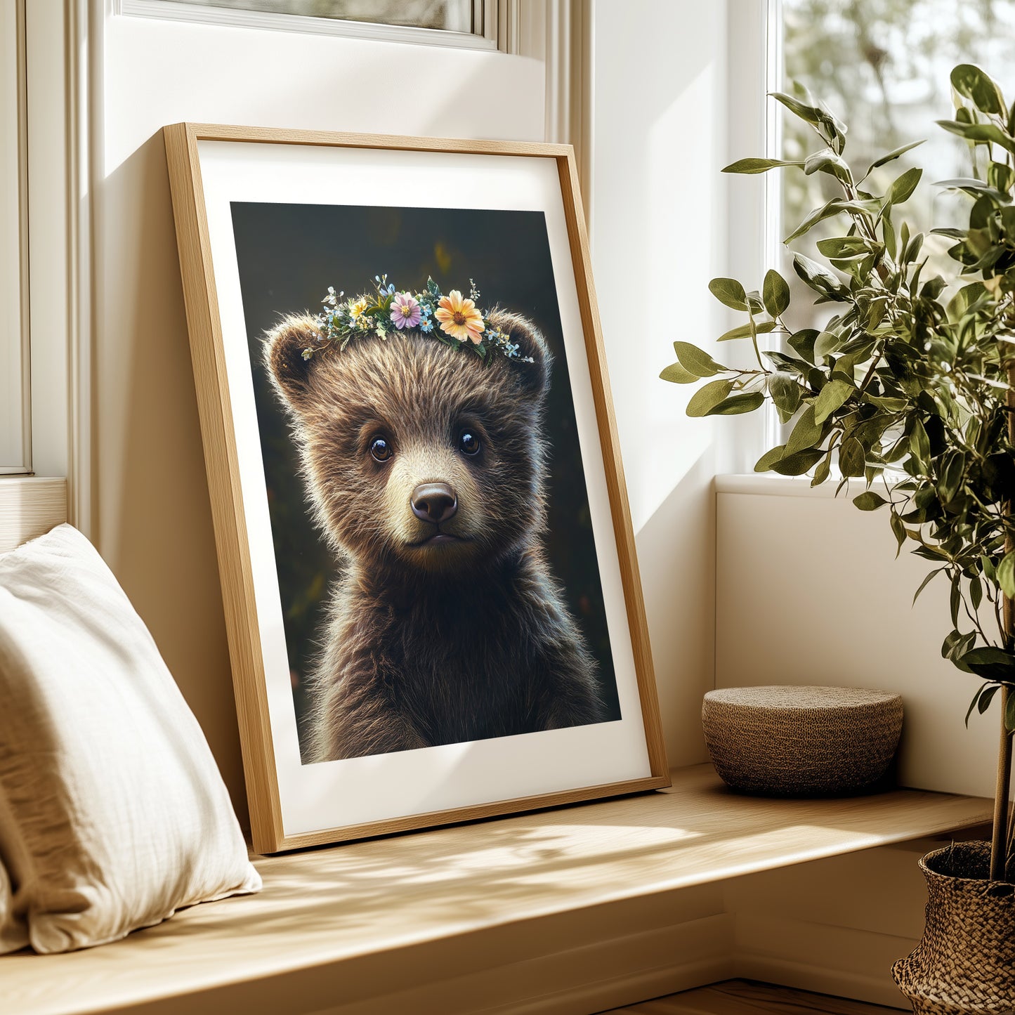 Sweet baby bear poster with flower crown – printed on 200 gsm semi-glossy FSC-certified paper. This woodland-themed nursery print is available in sizes A4 to A0 and 30×40 cm to 50×70 cm. A perfect forest animal print for nursery walls or as a gift for new parents. Fits standard frames (e.g. IKEA RIBBA or HOVSTA). Be proud. Be kind. Be wild – by Dezinbazar.