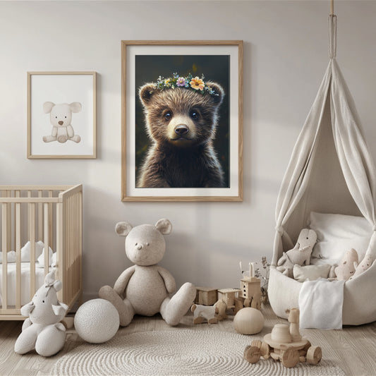 Adorable baby bear wall art printable featuring a bear cub with a floral crown. Perfect for woodland-themed nursery decor, kids’ room wall art, or animal lovers. This digital download includes high-resolution files in multiple sizes for easy at-home or professional printing. Soft colors and a gentle expression make it ideal for baby rooms or as a thoughtful gift. A unique Dezinbazar design for cozy, nature-inspired interiors.