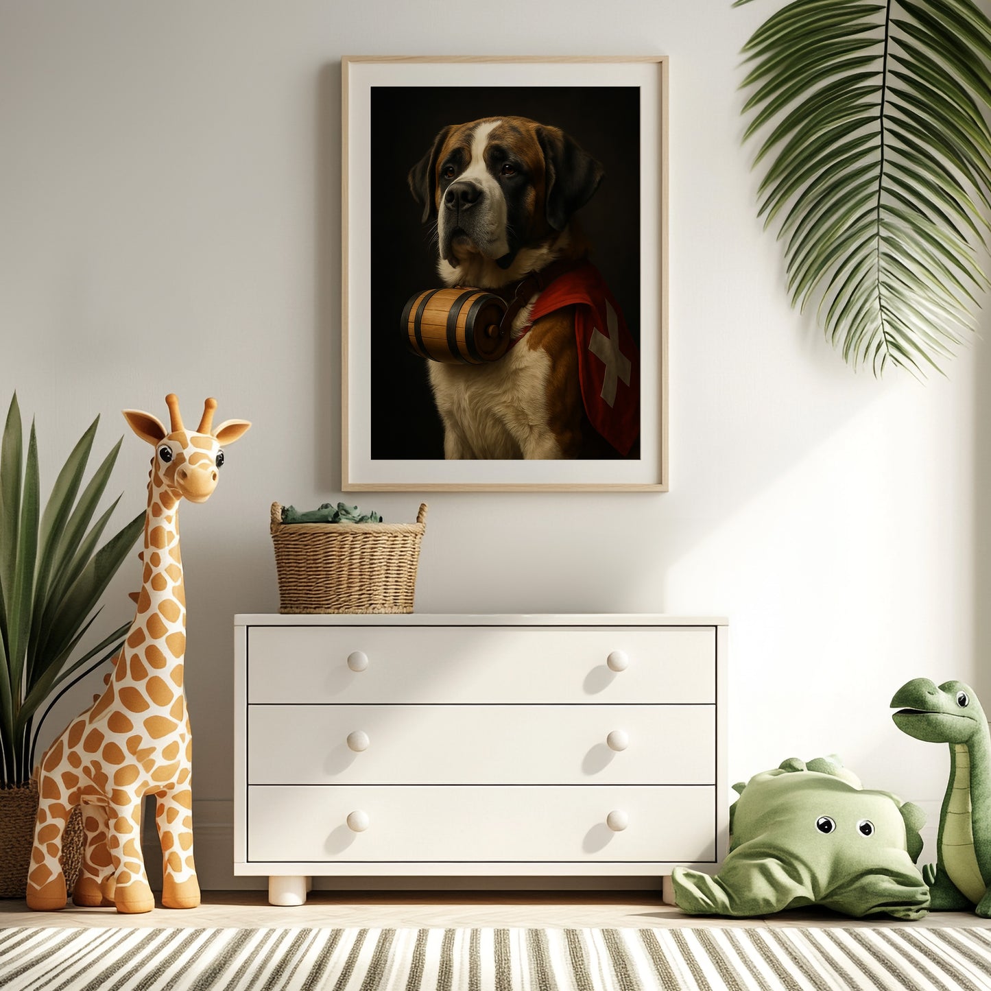 Hyper-realistic digital art print of a Swiss Saint Bernard dog wearing a traditional red vest with the Swiss flag and a brandy barrel collar. This iconic alpine dog design is perfect for mountain cabins, pet lovers, or rustic home decor. Comes in multiple printable sizes and fits IKEA frames. Great for those who love Switzerland or rescue dog symbolism. Be proud. Be kind. Be wild – by Dezinbazar.