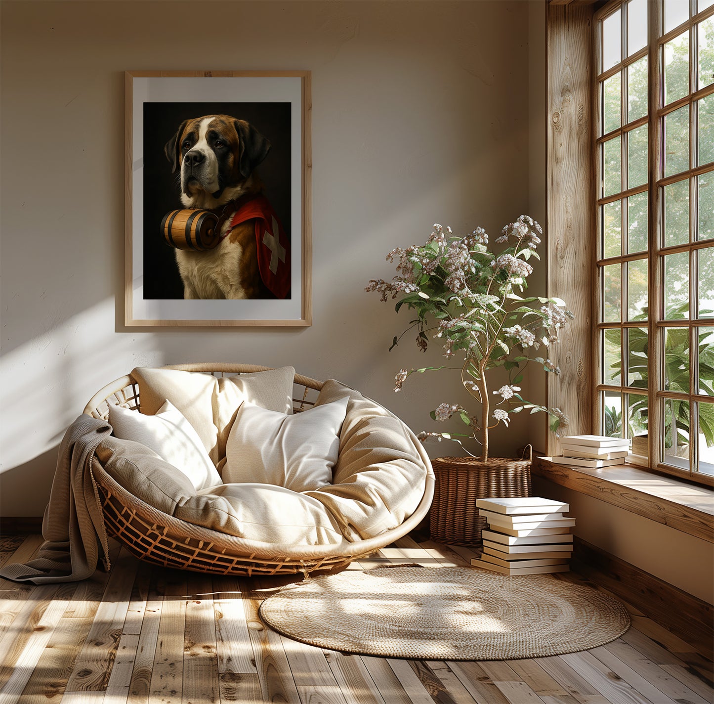 Hyper-realistic digital art print of a Swiss Saint Bernard dog wearing a traditional red vest with the Swiss flag and a brandy barrel collar. This iconic alpine dog design is perfect for mountain cabins, pet lovers, or rustic home decor. Comes in multiple printable sizes and fits IKEA frames. Great for those who love Switzerland or rescue dog symbolism. Be proud. Be kind. Be wild – by Dezinbazar.